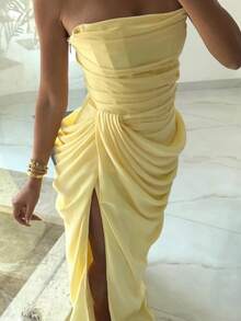 Bright Yellow Solid Color Elegant Sexy Chiffon High Slit Asymmetric Strapless Evening Dress Fall - Yellow - View 9