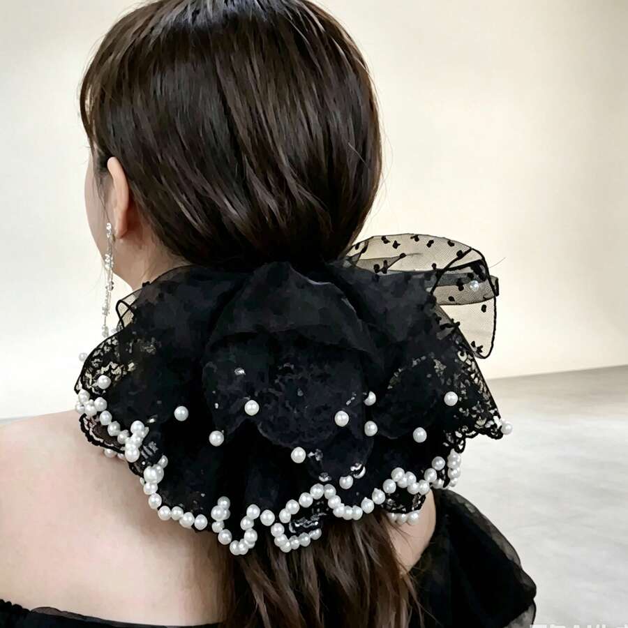 Nueva Coletero de Encaje de Perlas Estilo Hada, Banda Elástica Versátil para Coleta, Accesorio de Cuerda para el Cabello - A-negro - Ver 1
