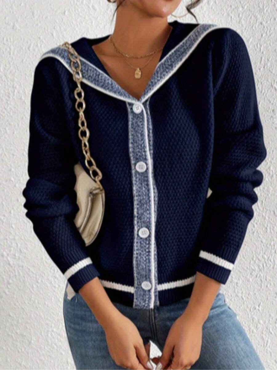 Women's Navy Collar Contrast Color Knit Cardigan, Short Length, Autumn/Winter Daily Wear - Navy Blue - View 1