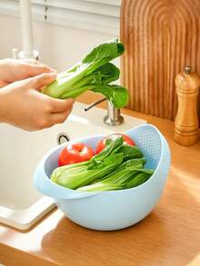 Vegetable Washing & Draining Basket, Creative Plastic Handle Strainer, Practical Multi-Functional Kitchen Tool. Product Features: Large Capacity Streamlined Design, Fast Draining & Storage - Multicolor - View 9