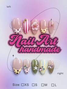 10 piezas de uñas postizas hechas a mano con forma de almendra corta estilo Y2K, color nude transparente con patrones mixtos, lunares, rayas verticales rosas y blancas, rayas azul claro, base verde oliva con estrellas blancas de cinco puntas, flores rosas 3D con accesorios de cuentas doradas, strass de colores, estilo vintage lindo de verano, adecuadas para mujeres y niñas, fiesta, baile, uso diario, incluye set de herramientas, uñas postizas hechas a mano - Multicolor - Ver 1