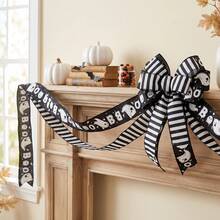 2 Rolls Halloween Ghost Pattern And Black & White Striped Ribbon Set - 6.3cm Width With Wire Edge - Suitable For Halloween Holiday Decoration, Gift Wrapping, Handmade DIY Bows, Quirky Theme Decor Ribbon - Black and White - View 4