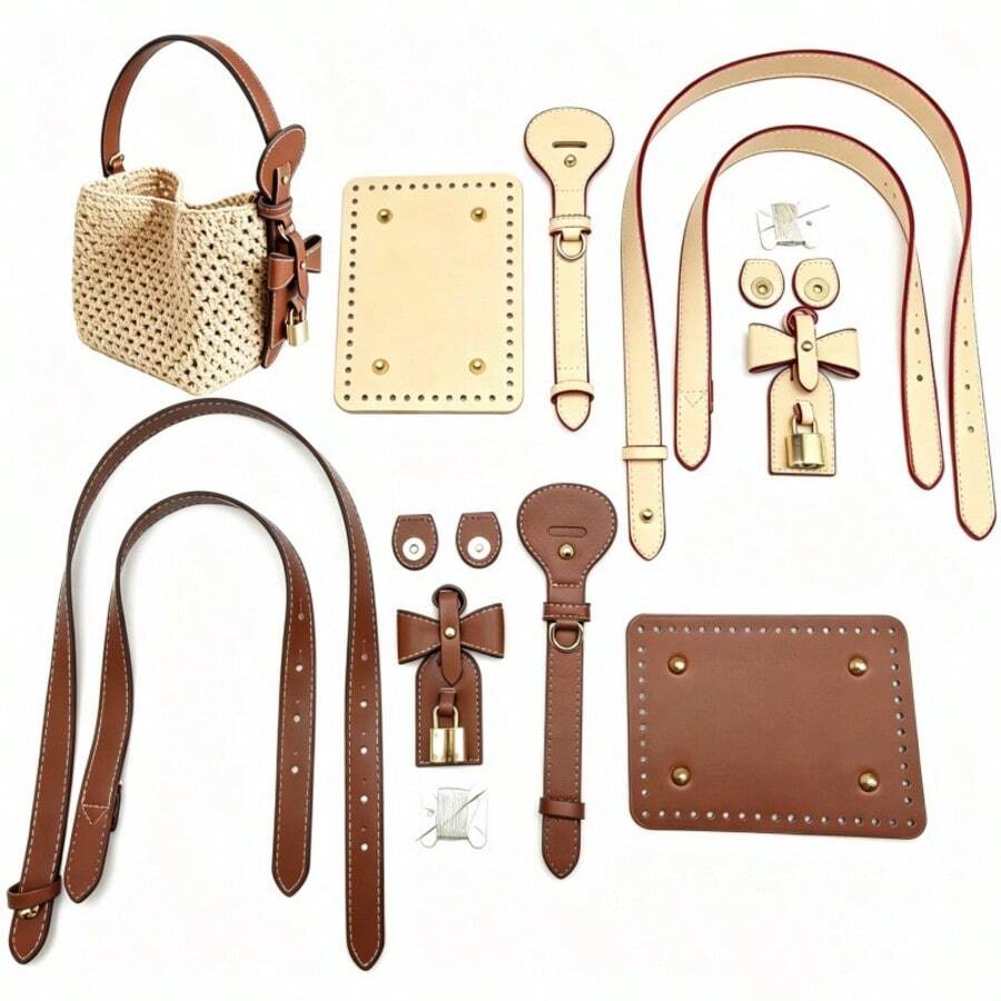 Handmade DIY Straw Handbag PU Leather Accessories Self-Made Vintage Pattern Bucket Bag Materials Shoulder Crossbody Bag Strap