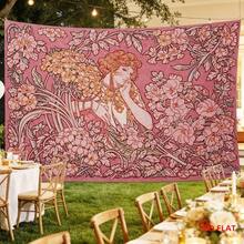 1pc Art Tapestry, Depicting Neoclassical Style Women And Floral Patterns, Available In Large Or Small Size, Pink Background With Delicate Floral Motifs, Suitable For Living Room, Meditation Space And Office Wall Decoration - Multicolor - View 5