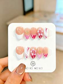 10pcs Handmade Press-On Nail Art Fake Nails, Almond Shape, Graduation Season Red Pink Tie Dye Nude Base With Pure White French + Pink Plaid Gradient + Hand-Painted Red White Flowers & Red Polka Dot Curves, Decorated With Gold Metal Accents, Simple And Elegant, Suitable For Party, Wedding, Daily Wear, Includes Nail Art Tools, Perfect Gift For Women And Girls - Pink - View 14