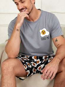 Men's Summer Pajama Set, Round Neck Simple Fried Egg Print Short Sleeve & Shorts Loungewear - Multicolor - View 4