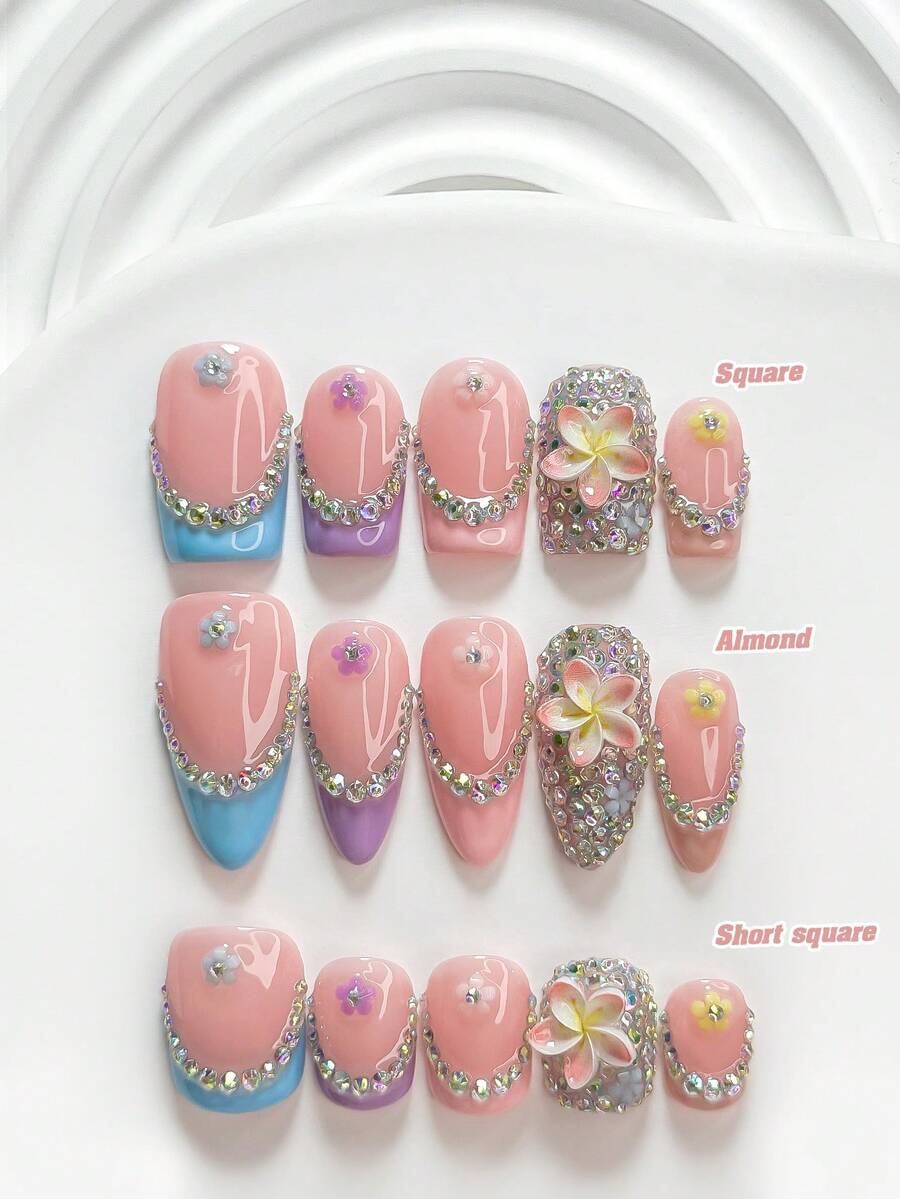10片裝奢華手工穿戴甲,Polygel美甲套組,彩色水鑽、小花、粉色雞尾酒花,藍色、粉色、紫色指甲油,可愛風格,附美甲工具,3種尺寸可選,方形、短方形、杏仁形,適合派對、跳舞、日常配戴 - 彩色 - 查看 1