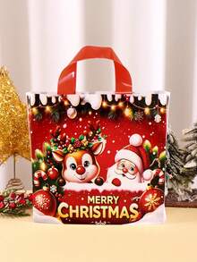 6/12pcs Christmas Plastic Tote Bags, Cartoon Reindeer & Santa Claus Pattern Reusable Gift Bags, Shiny Shopping Bags, Red Party Gift Bags, 2026 Holiday Christmas Home Decor, 2027 Christmas Gift Christmas New Year Packaging Bags - Santa Claus Elk - View 8