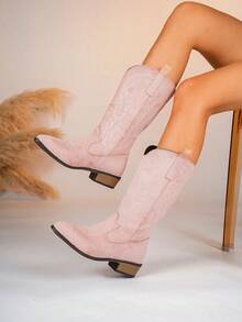 Women's All-Season Fashion Embroidered Velvet Western Boots, Pointed Toe Chunky Heel Mid-Calf Boots, Cool Fashion Boots Low Chunky Heel Punk Style Chelsea Boots Outdoor Casual Fashion Boots - Pink - View 3