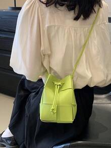 CHERIMATE 1件時尚迷你水桶包，百搭休閒編織女款手提包，高級通勤斜挎包，小眾設計單肩包，適合日常使用 - 青檸色 - 查看 3