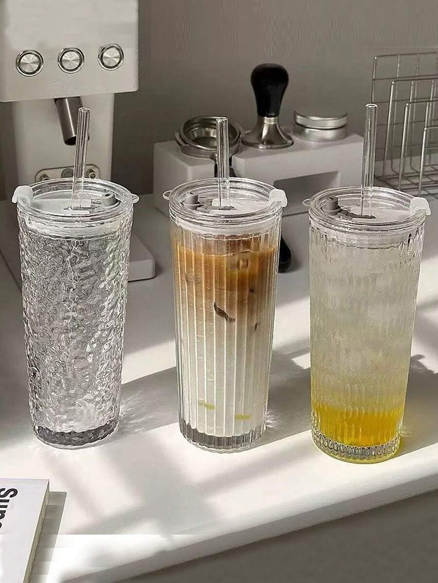 1個創意新款條紋竹節玻璃杯,附蓋與吸管的居家辦公咖啡杯 - 彩色 - 查看 1