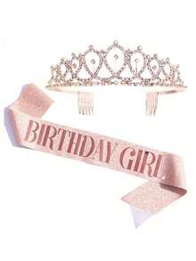 Birthday Sash & Rhinestone Crown 2pcs Set, Birthday Sash & Belt Crown, Women's Birthday Crown & Headpiece - A - View 1