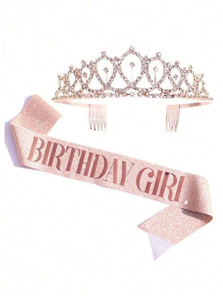 Birthday Sash & Rhinestone Crown 2pcs Set, Birthday Sash & Belt Crown, Women's Birthday Crown & Headpiece - A - View 1