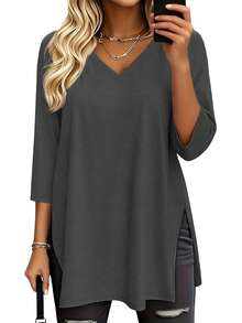 3pcs Solid Color V-Neck Short Sleeve Casual Tops, Fashion Spring/Summer New Women's Loose Side Slit Mid-Length T-Shirts, Versatile Streetwear Daily Outing Style - Dark Grey + White + Black - View 5