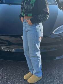 女款休閒破洞牛仔褲，經典復古直筒牛仔褲，春夏新款時尚牛仔褲 秋季 - 中等水洗藍 - 查看 5