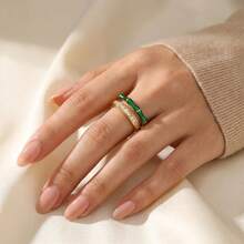 14K Gold Plated Copper Double Layer Bamboo Joint Open Ring, Green Enamel And Rectangular Zirconia Accents, Women's Stackable Jewelry, Suitable For Daily And Evening Wear - Green - View 2