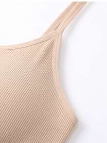 1pc Nude Contrast Color Ribbed Hem U-Neck Adjustable Spaghetti Strap Wireless Bra, Built-In Flexible Silicone Strip 3D Support, 3-Layer Skin-Friendly High Elastic Detachable Padded Cups, Soft High Elastic Vertical Ribbed Breathable Knit Fabric, Wide Back Coverage To Prevent Side Spill, Wireless All-Day Comfort Fit; Suitable For Daily Commute, Yoga, Home Sleep, Summer Layering - Apricot - View 5