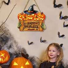 قطعة واحدة من ديكور الحائط الخشبي "Happy Halloween" بتصميم اليقطين المخيف؛ مناسب لديكور الهالوين في غرف المعيشة والنوم والحمامات، وكذلك للحفلات والإعدادات الداخلية/الخارجية. - متعدد الألوان - مشاهدة 5