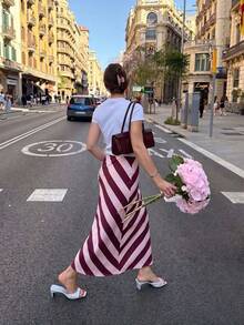 Women's Early Autumn Daily Vacation Casual Commute Elegant Pink Striped Print Midi Skirt - Pink - View 3