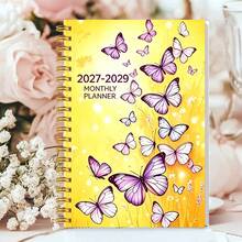 DANPERJI 1pc A5 Multi-Style 2027-2029 3-Year Monthly Spiral Bound Planner, Warm Yellow Background With Purple Lavender Butterfly Print Calendar Notebook, Suitable For Long-Term Monthly Planning And Goal Tracking - Multicolor - View 3