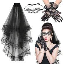 Bestselling Halloween Black Bride Veil, Eye Mask, And Lace Gloves Set - Solid Color - View 7