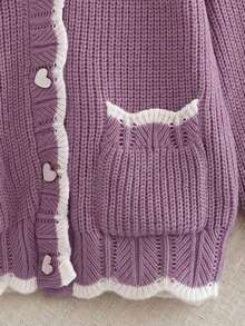 Preppy White Contrast Trim Knit Cardigan, V-Neck Heart Button Patch Pocket Cropped Jacket, Autumn Thanksgiving Streetwear - Purple - View 10