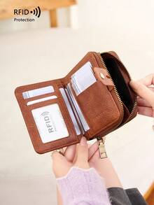 Hot-Selling New RFID Anti-Theft Women's Wallet With Chain Keychain, Colorblock Print Short Coin Purse - White - View 3
