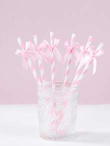 Pink Striped Satin Bow Paper Straws, Disposable Decorative Drinking Straws For Bridal Shower Birthday Wedding Party Table Supplies - Striped Bow Style - View 1