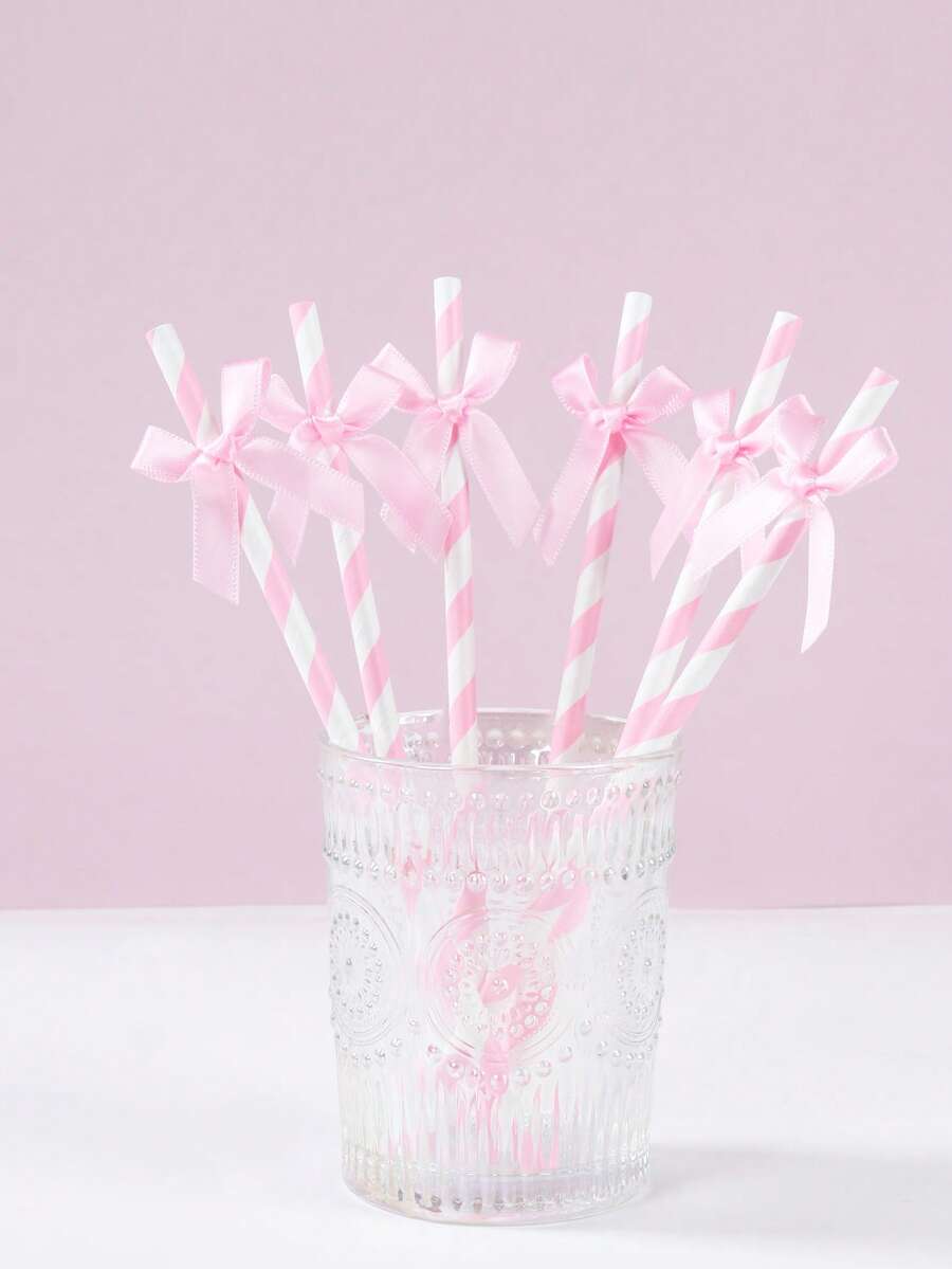Pink Striped Satin Bow Paper Straws, Disposable Decorative Drinking Straws For Bridal Shower Birthday Wedding Party Table Supplies - Striped Bow Style - View 1