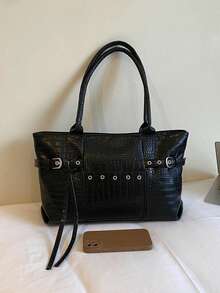 New Personalized Women's Vintage Soft Leather Tote Bag, Minimalist Office Commute Crocodile Pattern Shoulder Bag, PU Material, Zipper Closure - Black - View 7