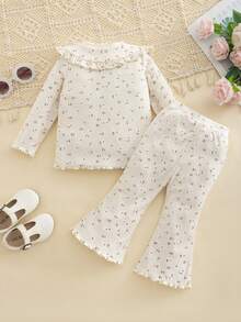 2pcs Baby Girl Cute Mori Style Peter Pan Collar Long Sleeve Printed Top & Pants Set, Thin Spring/Autumn - Apricot - View 2