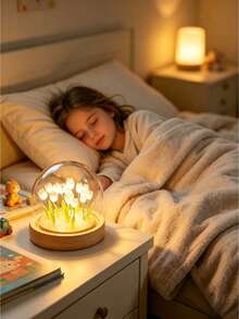 Handmade Tulip Night Light Glass Dome Table Lamp Wooden Base Warm Color LED Colorful Light Bedroom Dorm Bedside Decor Gift For Girls Aesthetic Style Room Decoration, Ideal Gift For Valentine's Day, Mother's Day, Birthday Or Best Friend - Multicolor - View 5