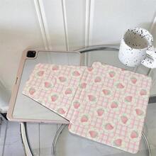 1件淺粉色格紋蕾絲邊水彩草莓滿版平板保護殼，多角度視角書本式支架，相容 iPad A16 2025、Galaxy Tab S9 FE/S8 Plus/S7/S10、Pad、MatePad、Pad、Honor Pad、Xiaoxin Pad - 彩色 - 查看 3