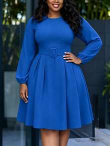 Gaun Midi Wanita Elegan dengan Hem Berkerut, Sabuk, Leher Bulat, Saku, Warna Polos, Bahan Cocok untuk Acara Elegan, Kasual, Formal, Kantor, Musim Gugur - Royal Blue - View 7