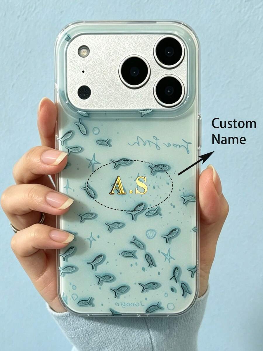 [Customized] Personalized Customized Letters Golden Custom Name Shell Small Fish Pattern Phone Case Compatible With IPhone 17 Pro Max 17 16 15 14 13 12 Pro Max 14 15 16 Plus Shockproof Protective Cover - Blue - View 1