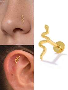 1Pc 925 Sterling Silver Minimalist Snake Nose Stud Flat Back Hypoallergenic Body Cartilage Piercing Jewelry For Women Men Daily Wear & Gifts - Gold - View 2