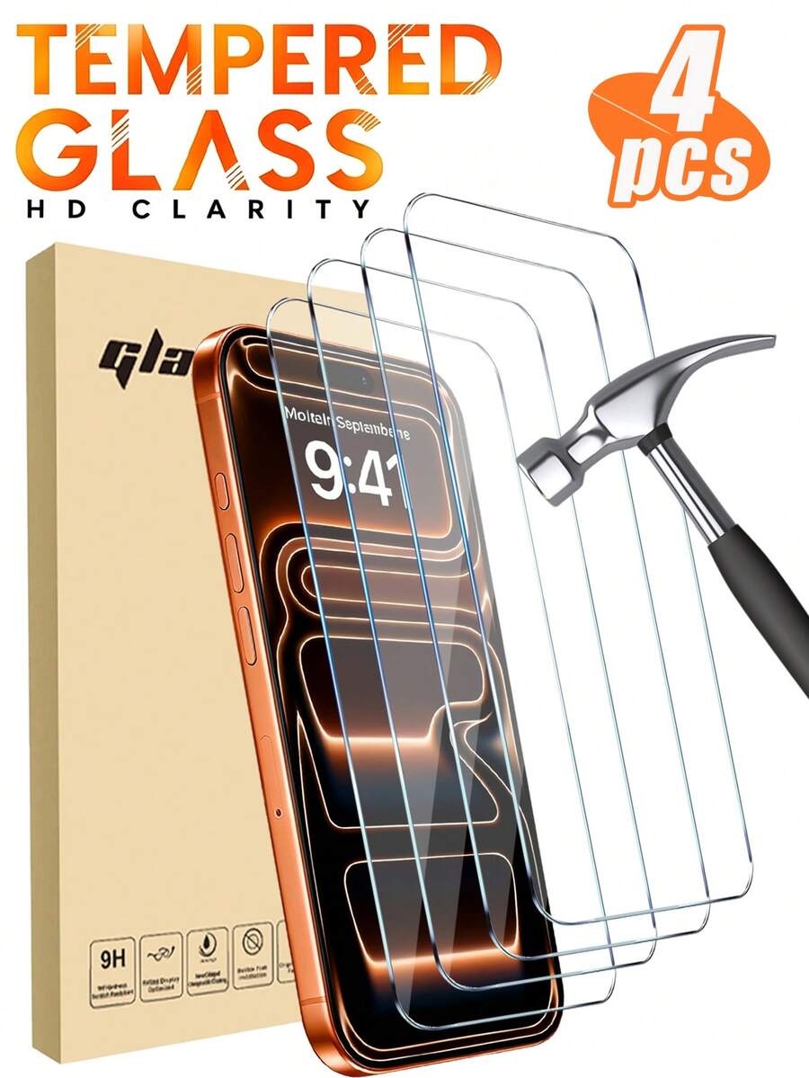 4pcs High Definition Transparent Screen Protector, Compatible With IPhone 18 Pro, 18 Pro Max, 17, 17 Pro Max, 17 Pro, 16, 16 Plus, 16 Pro Max, 16 Pro, 15 Pro Max, 15 Pro, 14 Pro Max, 14 Pro, 13 Pro Max, 13 Pro, 11, 12, XS, XS Max, 9H Hardness, Anti-Scratch, Full Coverage, Tempered Glass, Essential Phone Accessory