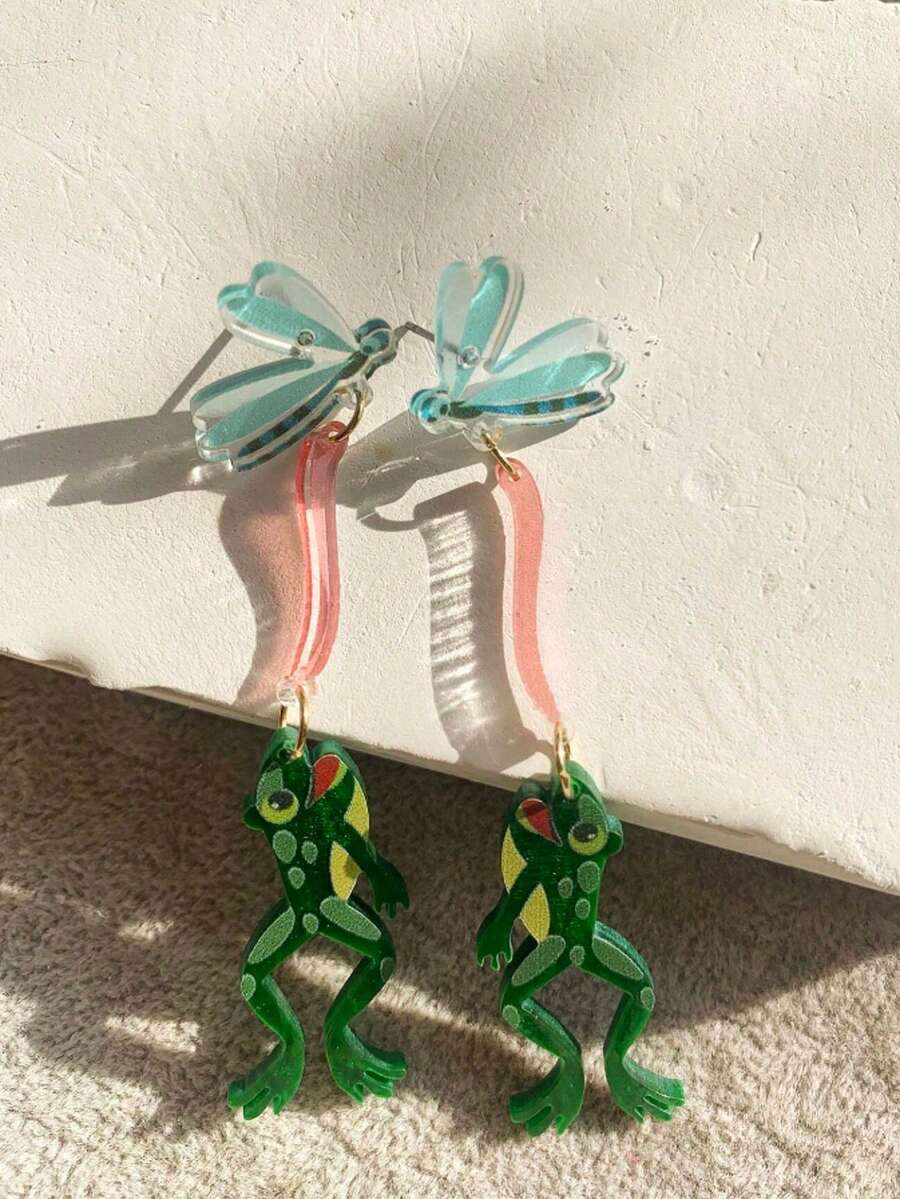 1 Pair Cute Frog Eating Insect Funny Design Earrings, Perfect For Vacation, Unique Gift For Friends And Family - Style 1 - View 1