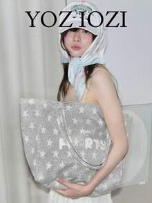 黃色帆布托特包，小眾大容量通勤單肩包，極簡購物袋，百搭女款托特包 - 灰色 - 查看 1