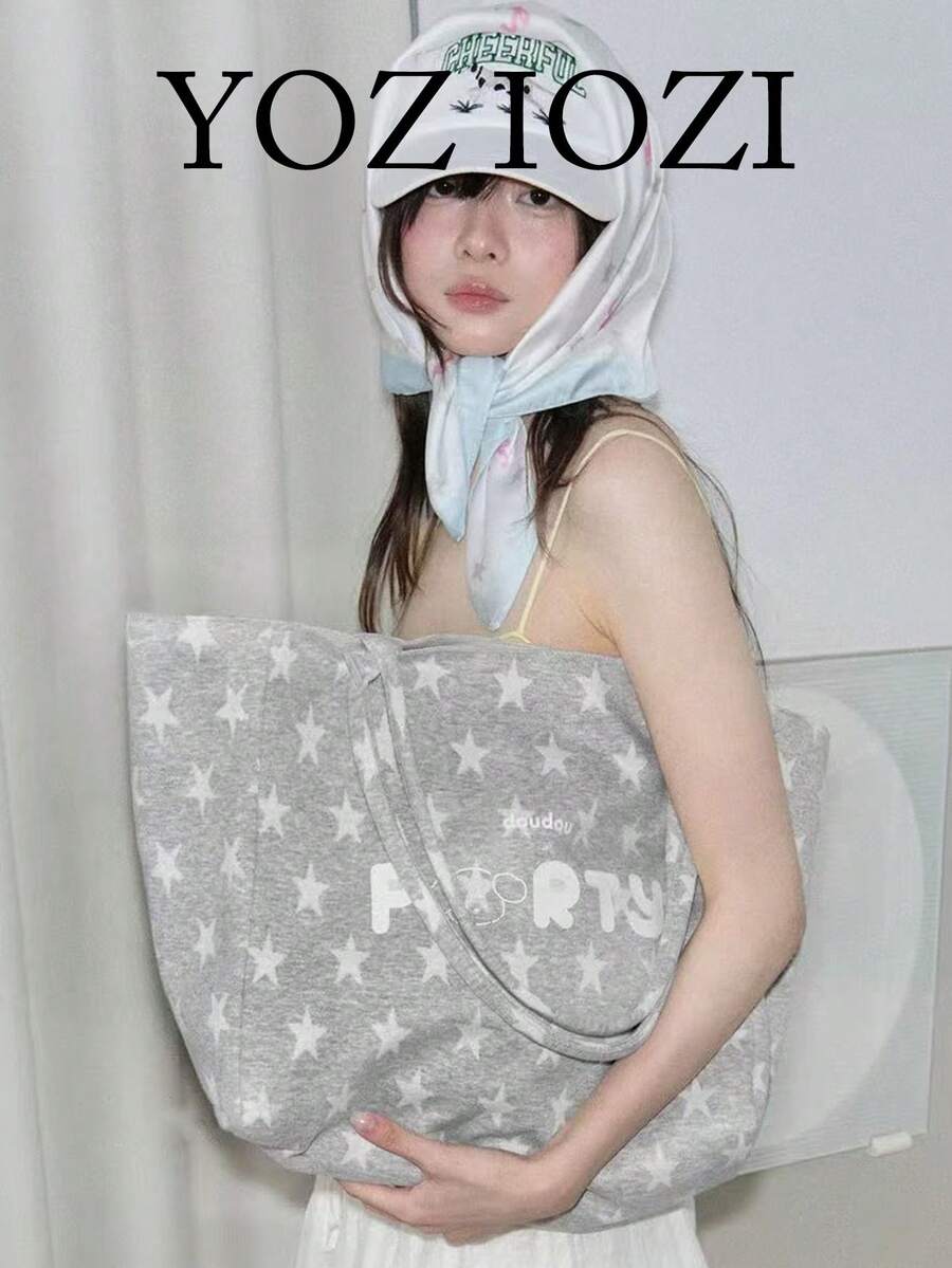 黃色帆布托特包,小眾大容量通勤單肩包,極簡購物袋,百搭女款托特包 - 灰色 - 查看 1