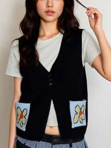 Women's Autumn Simple Casual Knit Vest Vacation Black - Black - View 1
