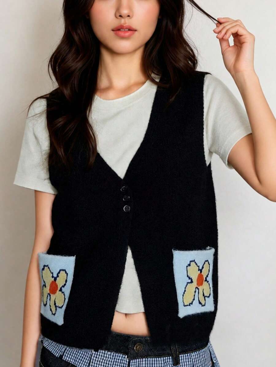 Women's Autumn Simple Casual Knit Vest Vacation Black - Black - View 1