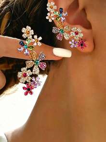 1 Pair Luxury Mixed Color Daisy Flower Earrings, Unique Design Exaggerated Rhinestone Versatile Earrings For Daily Wear, Girlfriend Gift - Earrings - View 4