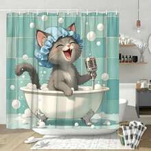 1 pieza Cortina de ducha con diseño de gato de dibujos animados, tela de poliéster duradera, impermeable, sin perforación, fácil instalación, adecuada para el hogar, hotel, vacaciones, regalo para amantes de los gatos, juego de cortina de ducha para baño, incluye 12 ganchos, patrón de gato McBa cantando - Multicolor - Ver 10