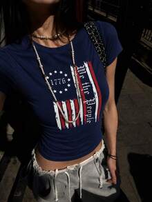 Y2K Retro Short Sleeve Slim Fit Flattering Flag Print Cropped Top For Women - Navy Blue - View 2