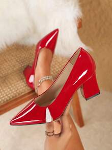 Women's Classic Pointed Toe Chunky Heel Slip-On Pumps, Breathable High Heels, Comfortable & Elegant Work/Commute Shoes - Burgundy - View 3
