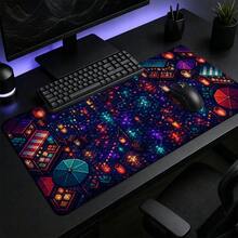 Pixel Night Market 大號滑鼠墊，拼色桌墊，深色方格燈光延伸電競滑鼠墊，防滑款式，適合學生 - 查看 3