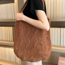 Large Capacity Hollow Knitted Tote Bag, Women's Lightweight Breathable Solid Color Woven Handbag, Suitable For Beach Travel Holiday Vacation Essentials - Brown - View 4