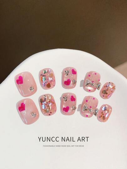 Bộ 10 móng giả dán ngắn dáng vuông làm thủ công, nền nude jelly, vẽ tay hình trái tim hồng đậm 3D, nơ bạc đính đá rhinestone, kim tuyến ánh xà cừ bóng, tái sử dụng được, phong cách ngọt ngào Y2K cho làm móng hằng ngày của nữ