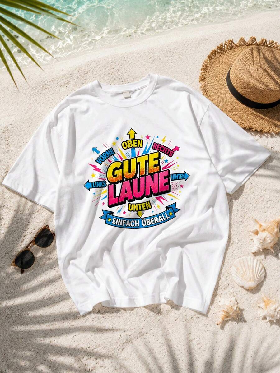 Damen-T-Shirt mit V-Ausschnitt und dem Slogan "Good Vibes Easy Everywhere", Y2K-Style, Oversized, Unisex, für Damen und Herren, Urban Beachwear, Fotografie und Komfort - Weiss - Übersicht 1